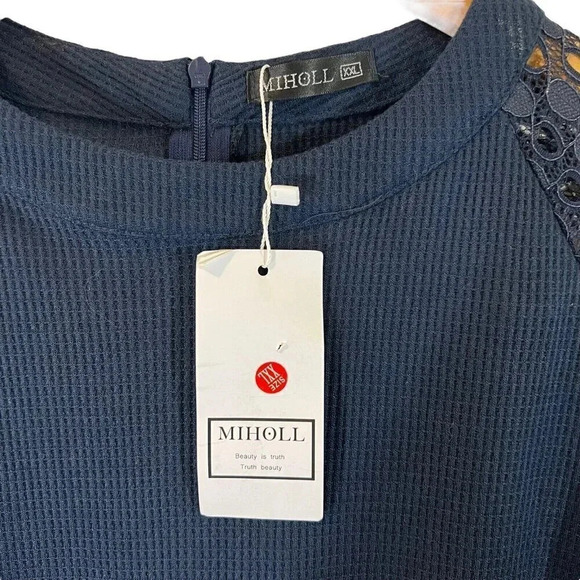 Miholl NWT Navy Blue Blouse Plus XXL Long Lace Eyelet Sleeves Waffle Knit Zipper - Picture 6 of 9
